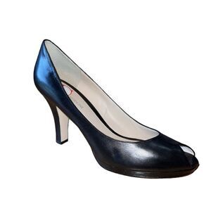 Enzo Angiolini Henriette Black Leather Open Toe Pumps Womens Size 10